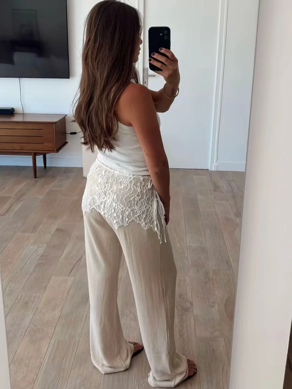 Zara NWT High-Waist Wide-Leg Pants Lace overlay Trim tie side - Beige